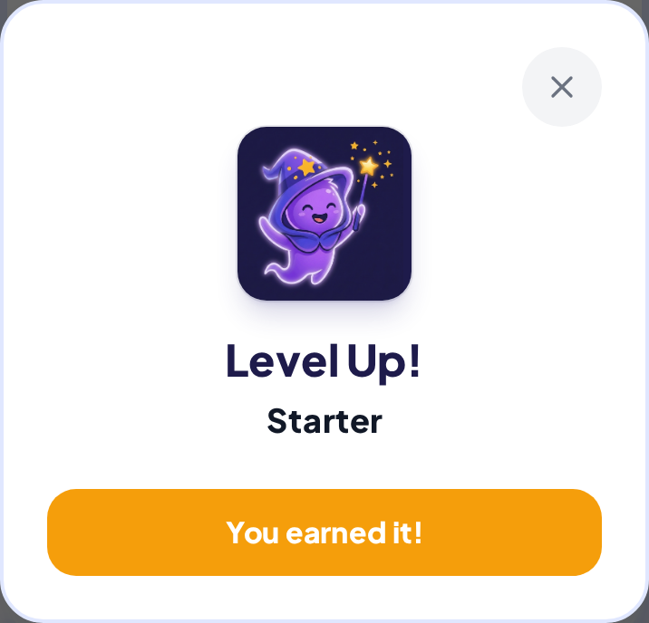 The level-up card: Whiz waving a wand, Level Up, Starter.