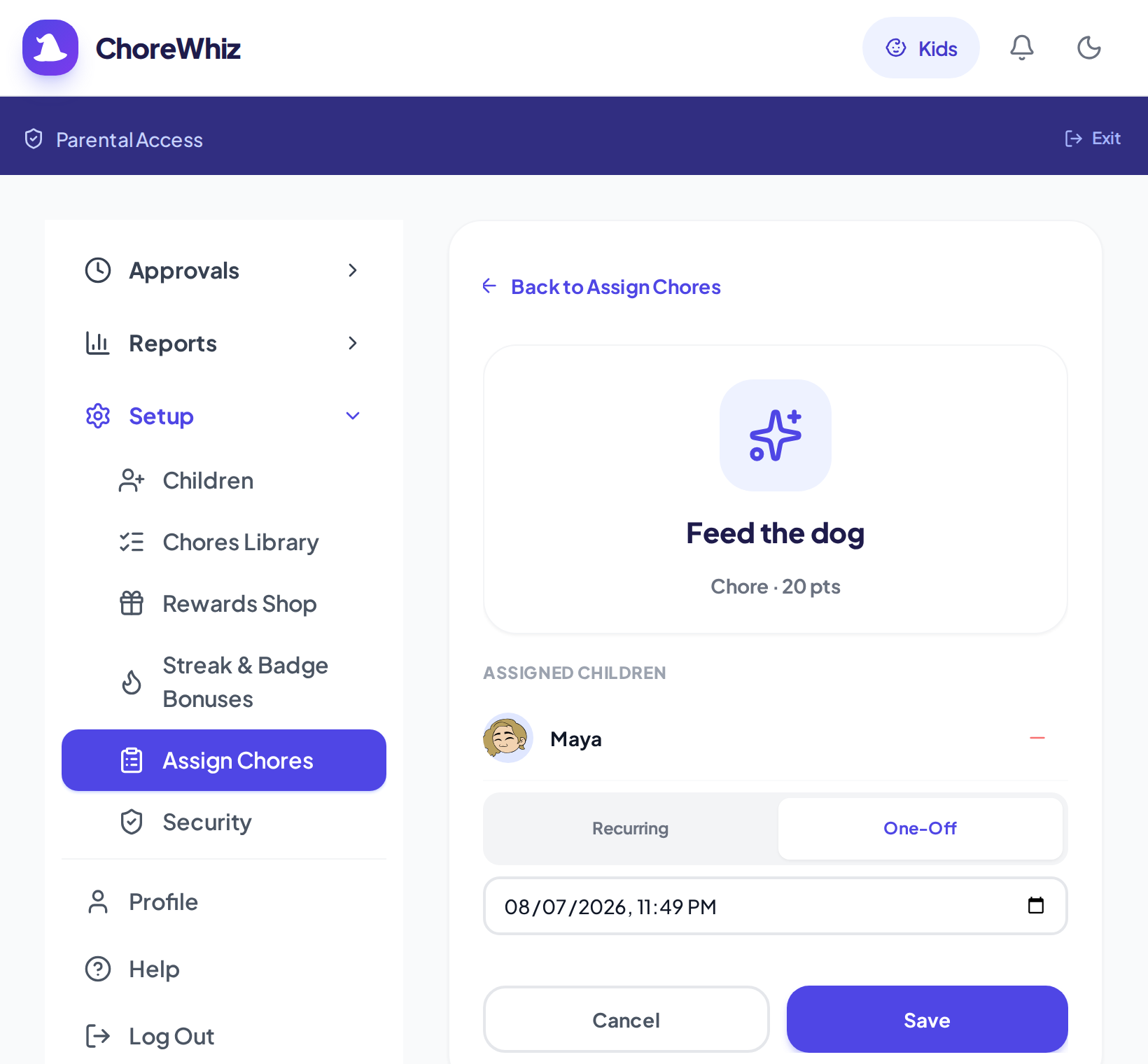 The chore editor, with Feed the dog assigned to Maya and a one-off deadline set.